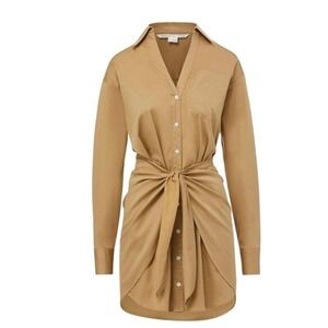 Veronica Beard Roanoke Button Up Shirt Dress 6 Tan Tie Front Chic Cotton Poplin